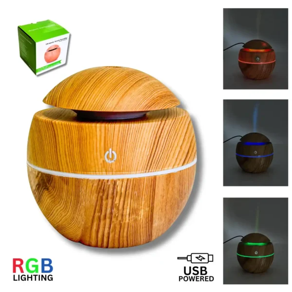 200ML (10CM) AROMA ULTRASONIC DIFFUSER LIGHT WOOD EFFECT COLOUR CHANGING (CTN QTY 36)